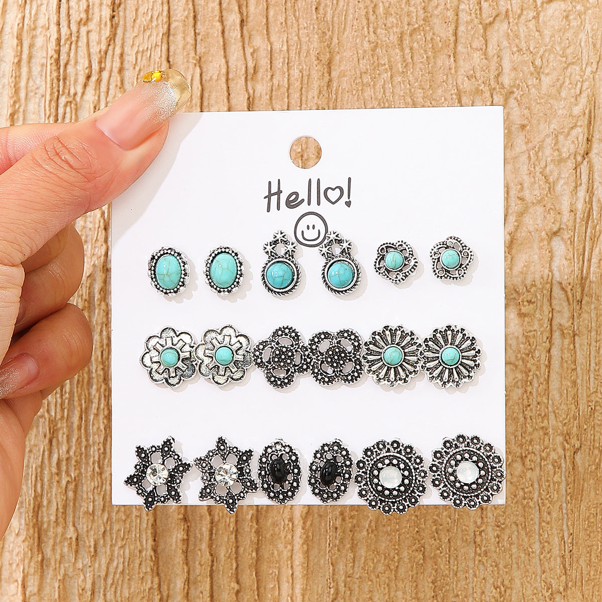 Wholesale Vintage Tibetan Floral Imitation Turquoise Earring Set 9 Pairs Geometric Boho Chic Jewelry Accessory