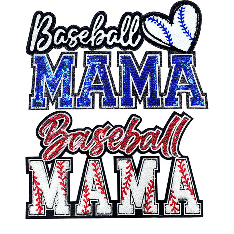Wholesale Baseball Mama Sparkling Sequin Embroidered Patch Red Glue Backing Stylish Coat Decoration Fashion Sew On Accessory