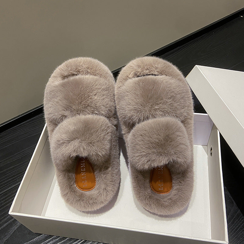 Wholesale 7CM thick-soled lining with velvet leather printing and outer fur mop plush winter slippers