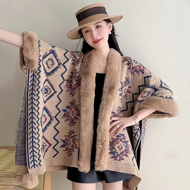 Wholesale Western Style Aztec Fur Ball Shawl Polyester Silk Cape Cape Cardigan Jacket