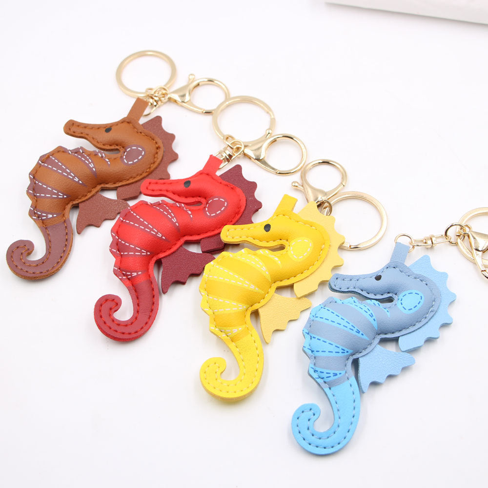 Wholesale Trendy Yellow Cartoon Seahorse PU Leather Keychain Bag Charm Car Key Accessory