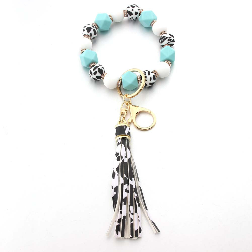 Wholesale Printed Polygonal Silicone Beads PU Leopard Tassel Keychain