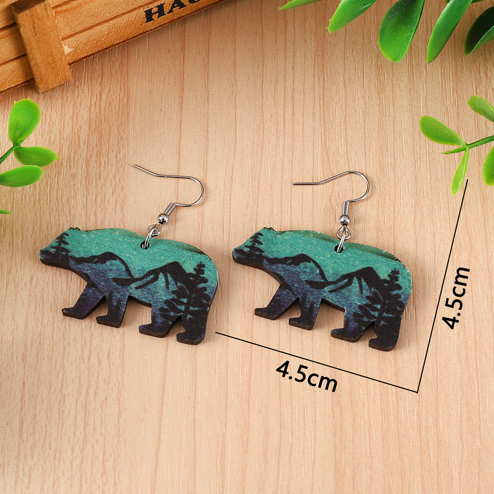 Wholesale Brown Bear Double-Sided Wood Forest Snow Mountain Print Earrings