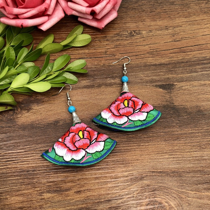 Wholesale Embroidered vintage fabric flower tassel earrings