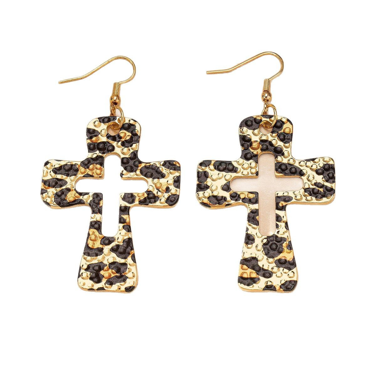 Wholesale Chic Leopard Print Cross Earrings For Women Geometric Hollow Stud Alloy Electroplated Boutique Resale