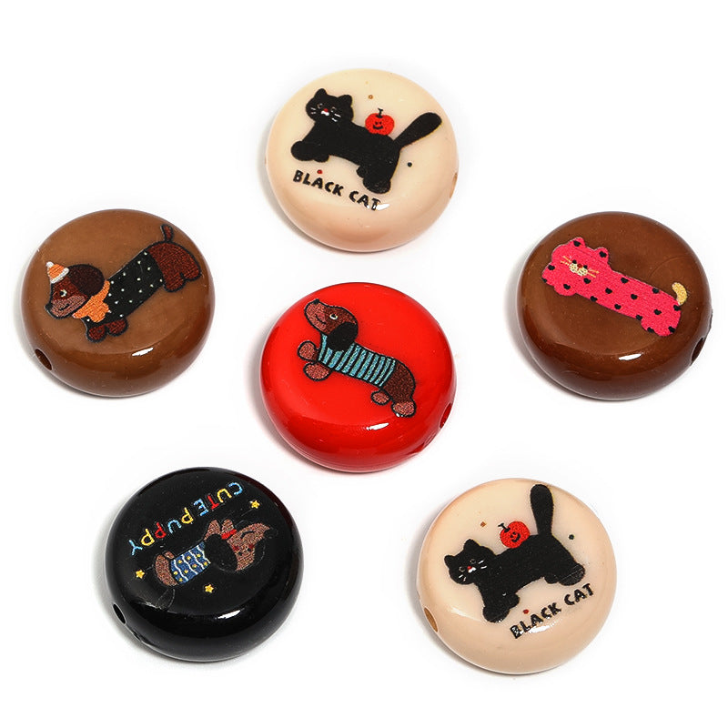 Wholesale 50pcs 22mm Acrylic Round Cake Cartoon Sausage Dog Black Cat Print DIY Beads