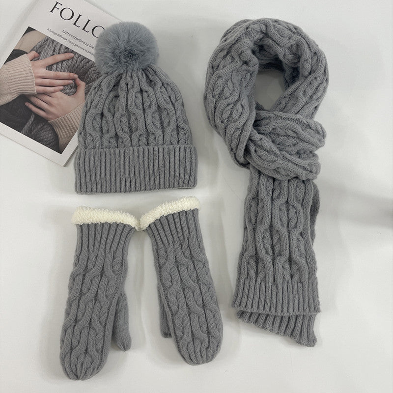 Wholesale Winter Velvet Warm Knitted Beanie Thickened Scarf Gloves Three-piece Set