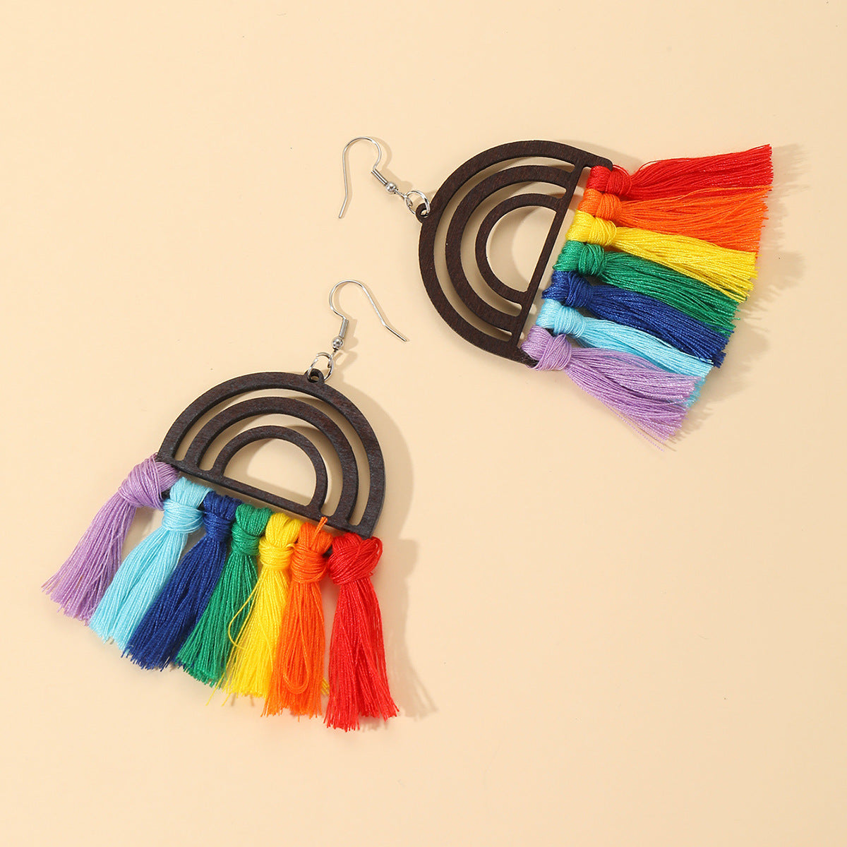 Wholesale Boho Wooden Rainbow Tassel Hand Braided Earrings