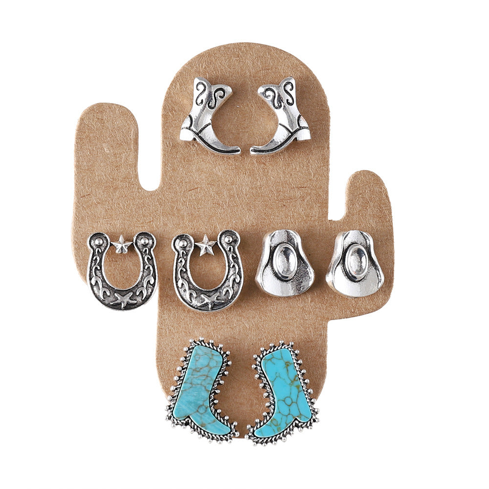 Wholesale Style Fashionable Cool Style Boots Hat Earrings Turquoise Cactus Four-piece suit Women