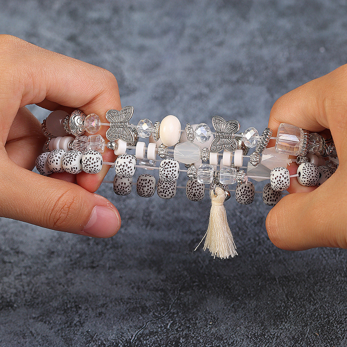 Wholesale Butterfly Tassel Pendant Glass Elastic Bracelet