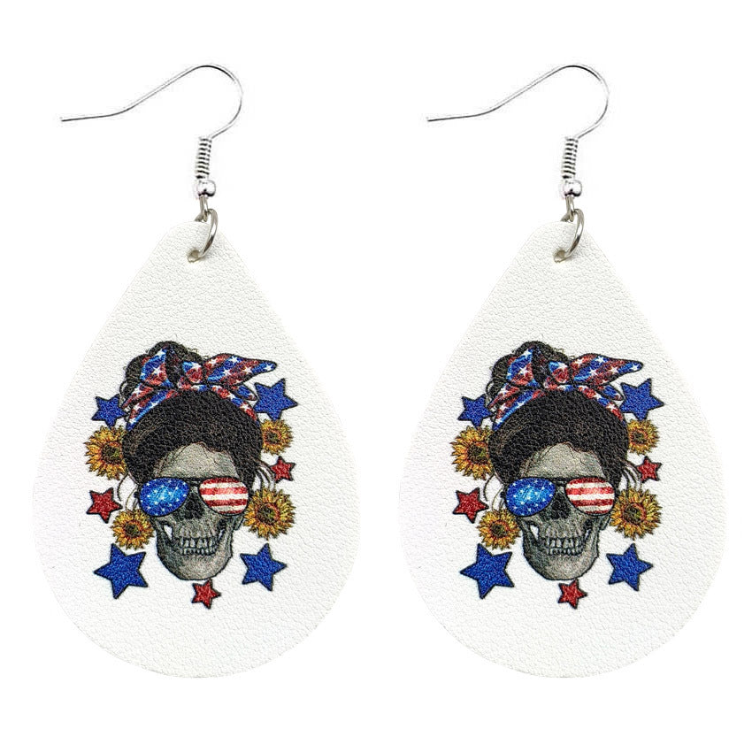 Wholesale Leather Sunflower Pentagon Skull Girl Head Pattern Water Drop Earrings