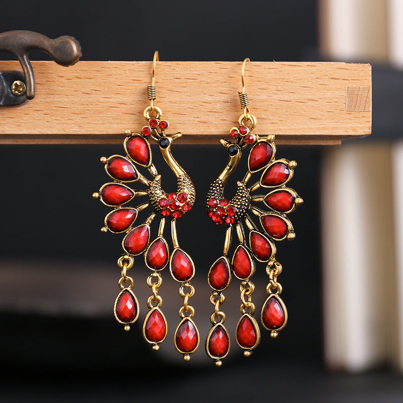 Wholesale Creative Retro Ethnic Style Fashion Bohemian Colored Resin Gemstone Peacock Earrings