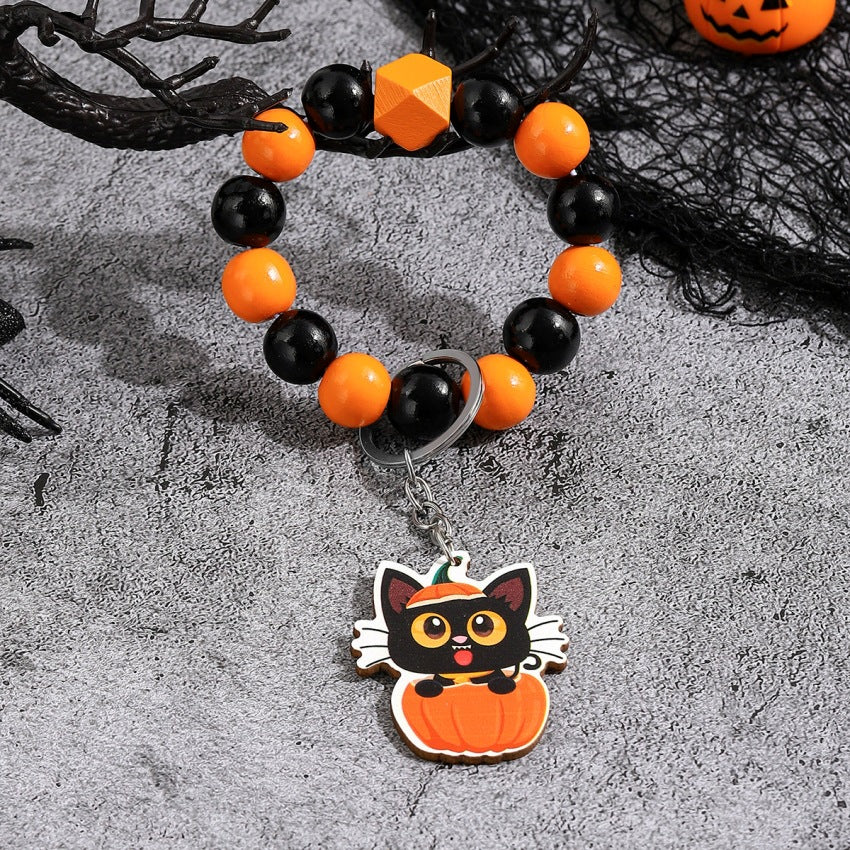 Wholesale Halloween Wooden Spooky Pumpkin Spider Beaded Wrist Keychain