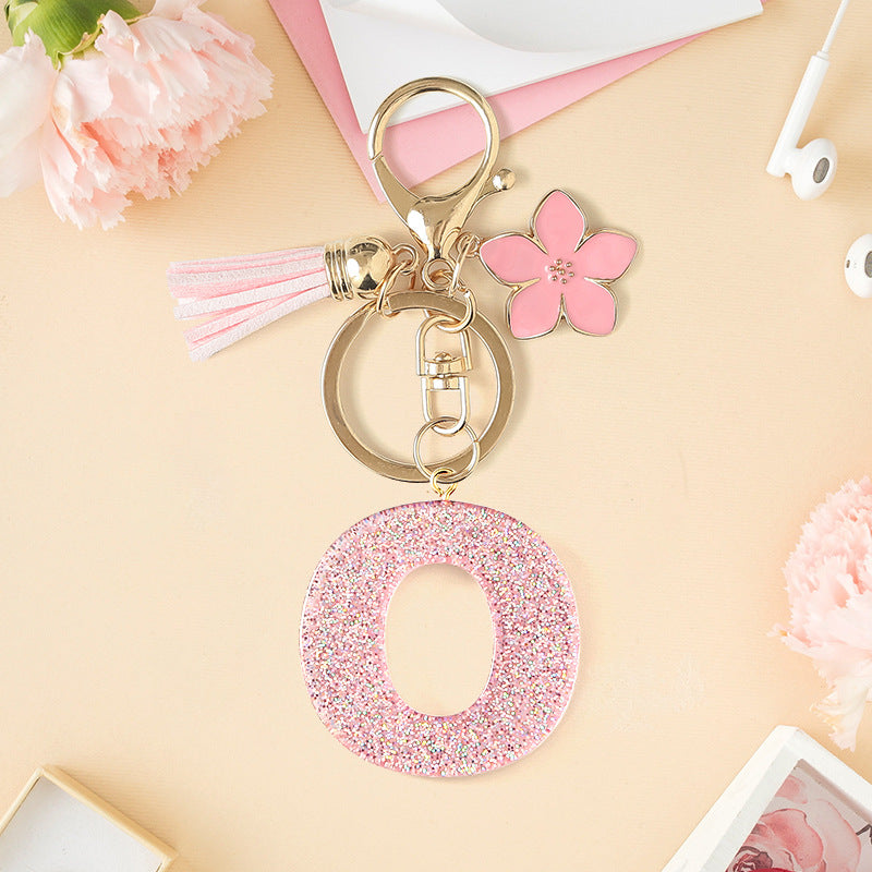 Wholesale Pink 26 letter Sparkling Pink Flower Tassel Keychain