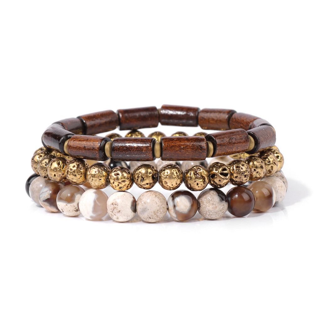 Cuentas de piedra natural al por mayor chapadas de madera de piedra volcánica con brazalete de ágata