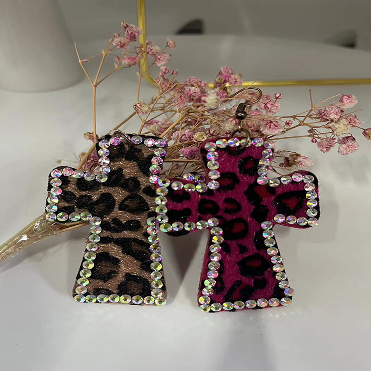 Wholesale Handmade Personalized Exaggerated Cross Genuine Leather Leopard Print Earrings