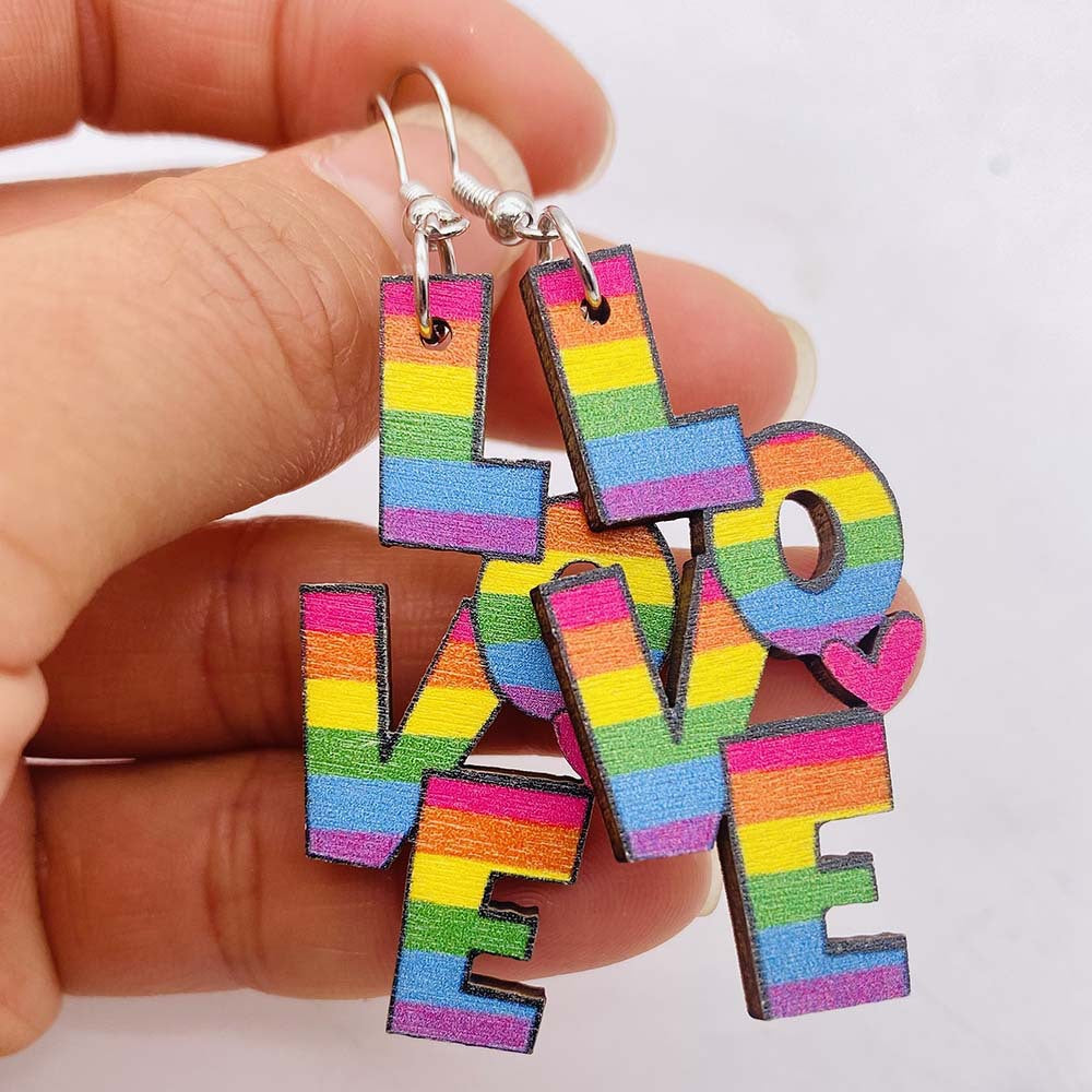 Wholesale Valentine's Day Rainbow LOVE LGBT Wooden Earrings