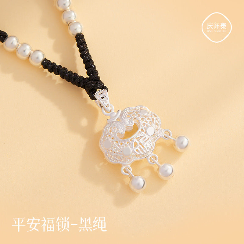 Wholesale Sterling silver 999 safety lock necklace longevity lock braided rope pure silver small silver lock pendant Valentine's Day gift