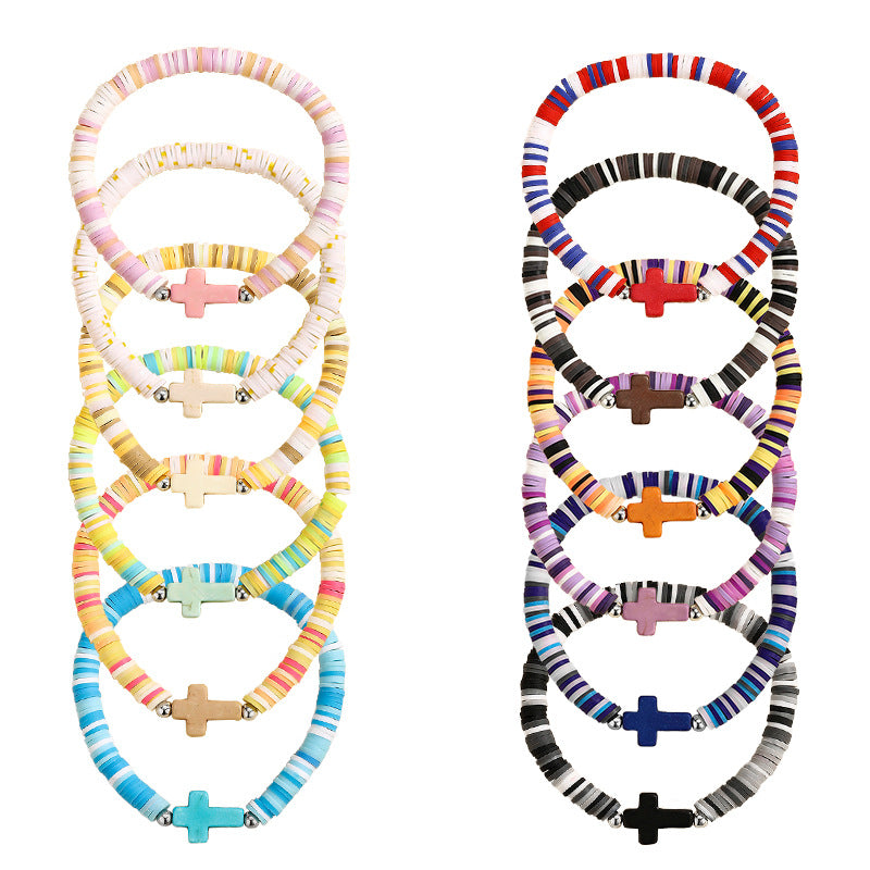Wholesale Turquoise Cross  Bohemian Colorful Soft Clay Beach Elastic Adjustable Bracelet