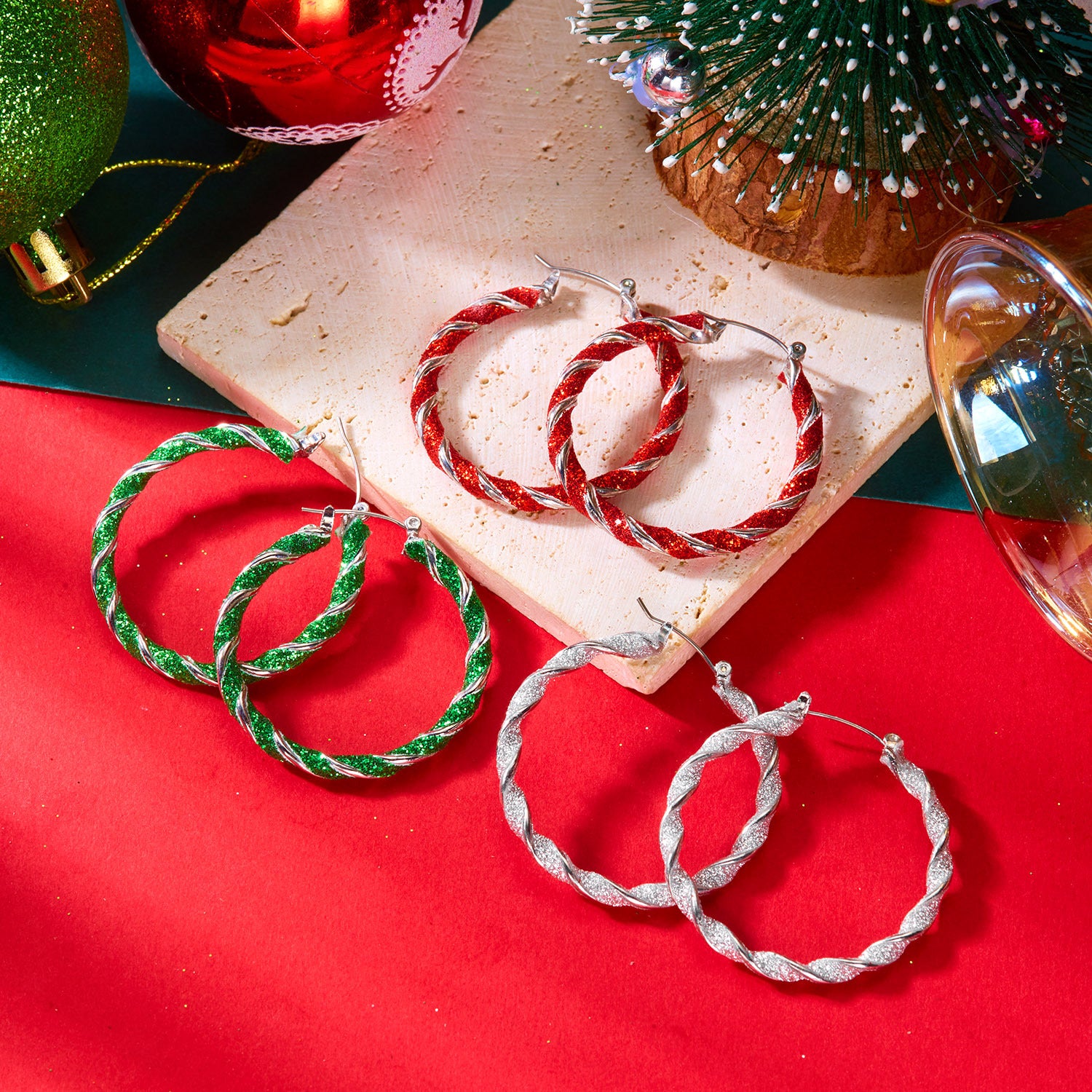 Wholesale Christmas Red  Green and White Twisted Hoop Earrings