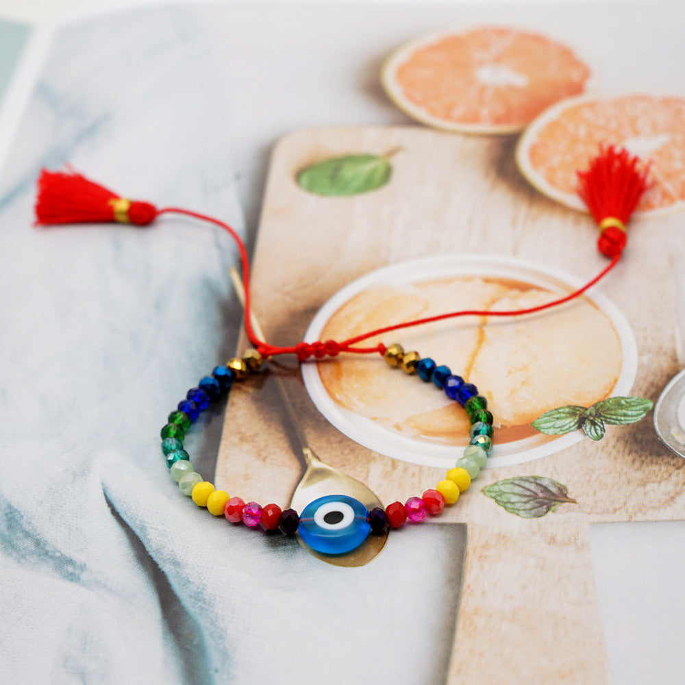 Wholesale Glass Blue Eye Bead Rainbow Style Crystal Beaded Tassel Bracelet