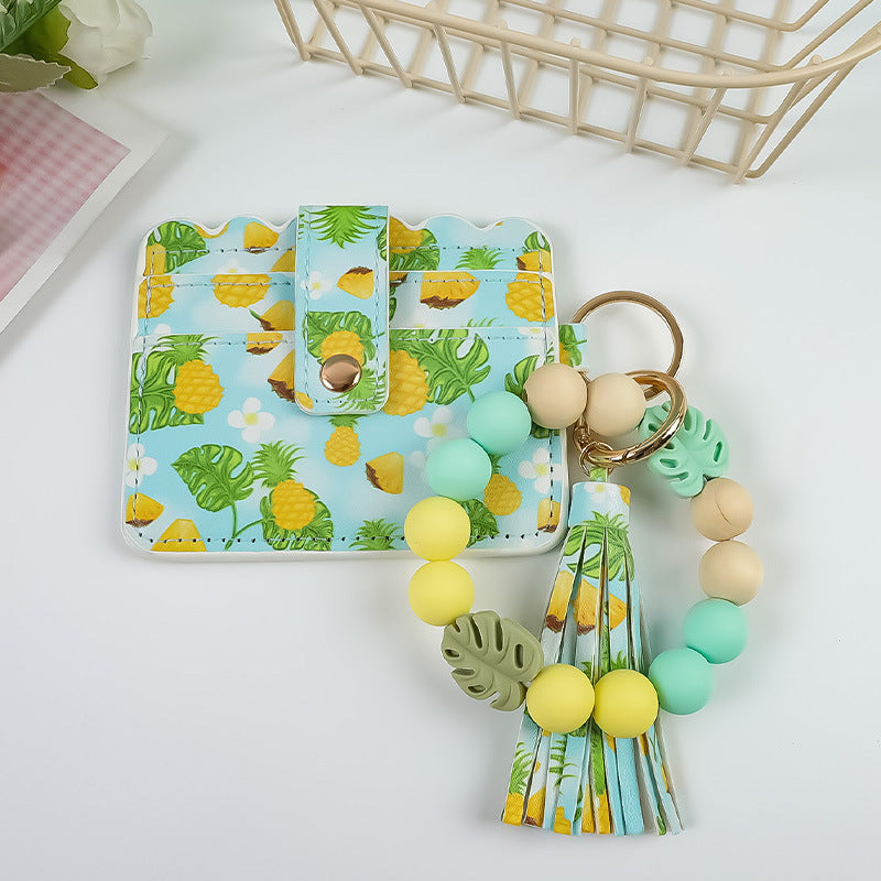 Wholesale Fruit Print Pu Card Holder Silicone Beaded Keychain Silicone Bead Bracelet