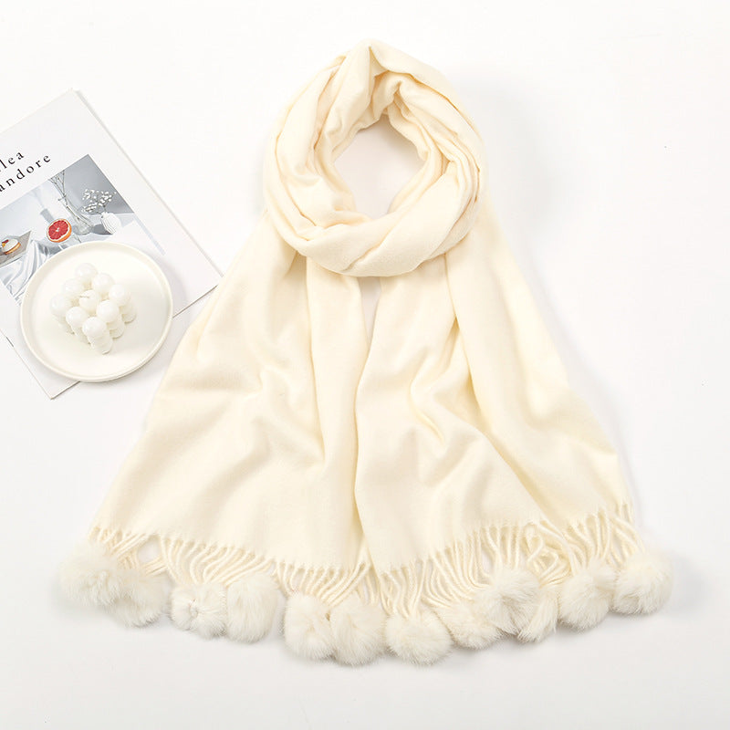Wholesale Autumn and Winter Imitation Cashmere Scarves, Solid Color Tassel Wool Ball and Plush Necklaces