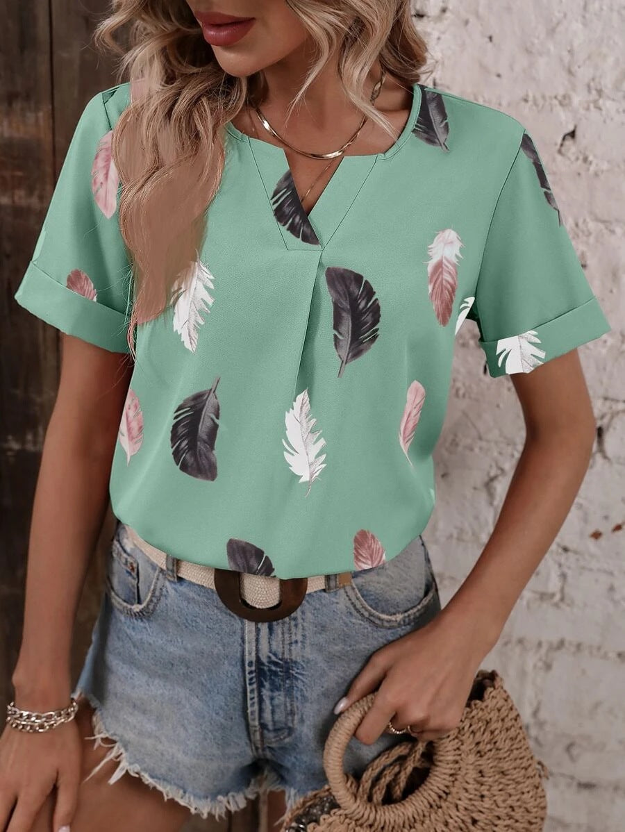 Wholesale Feather Pattern Printed V Neck Loose Short Sleeves