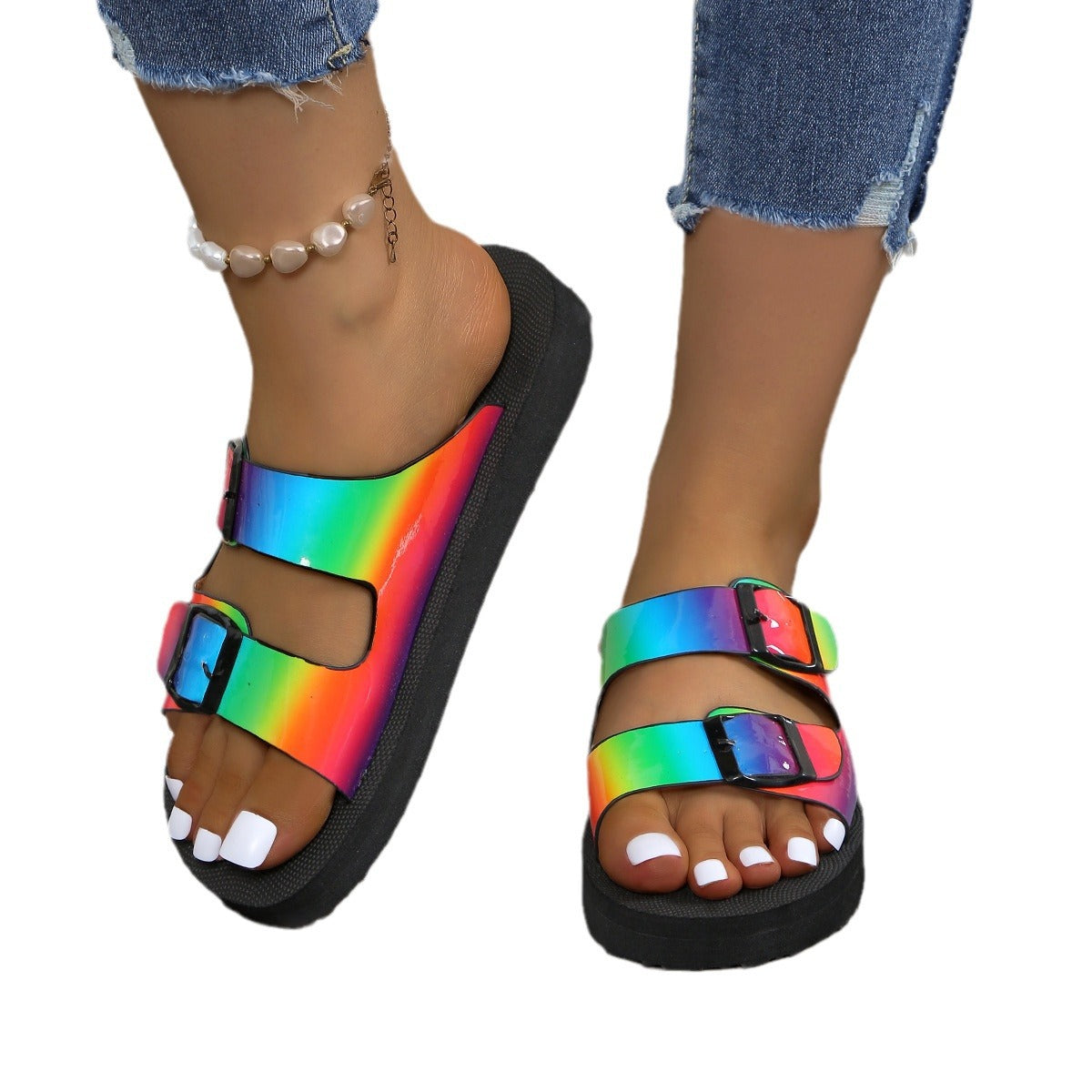 Wholesale Fashion Thick Bottom Buckle Rainbow -colored Cold Slippers