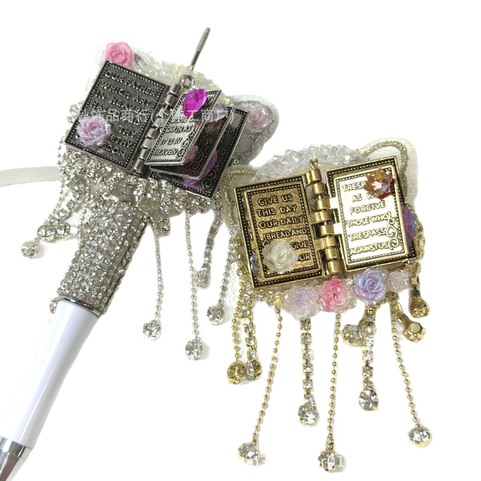 Wholesale Page turning tassel chain scripture with three-dimensional inlaid diamonds and straight hole beads
