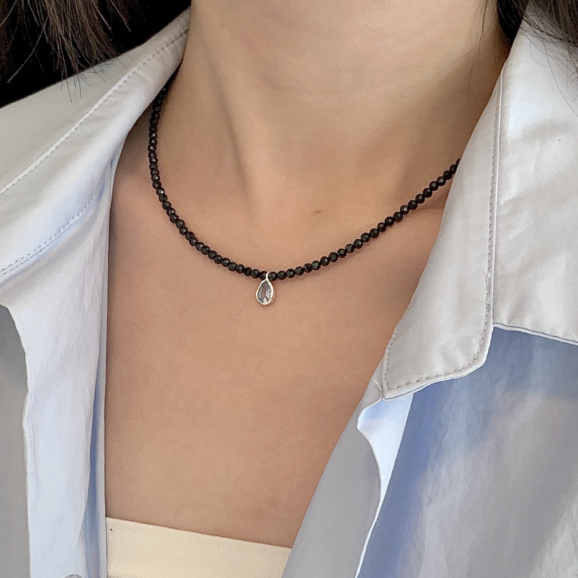 Wholesale S925 Sterling Silver Black Spinel Blue Zircon Necklace