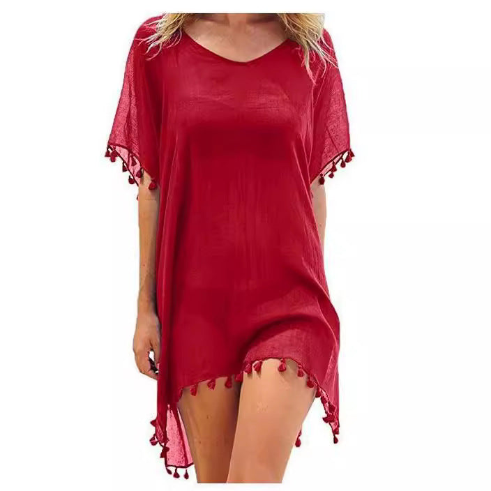 Wholesale Round Neck Chiffon Tassel Dress Loose Cover Up