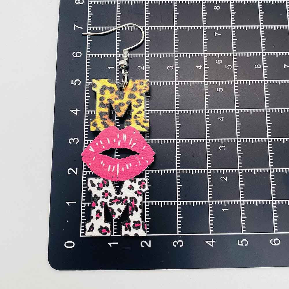 Wholesale Mother's Day MOM Leopard Pink Lip Print Wooden Earrings