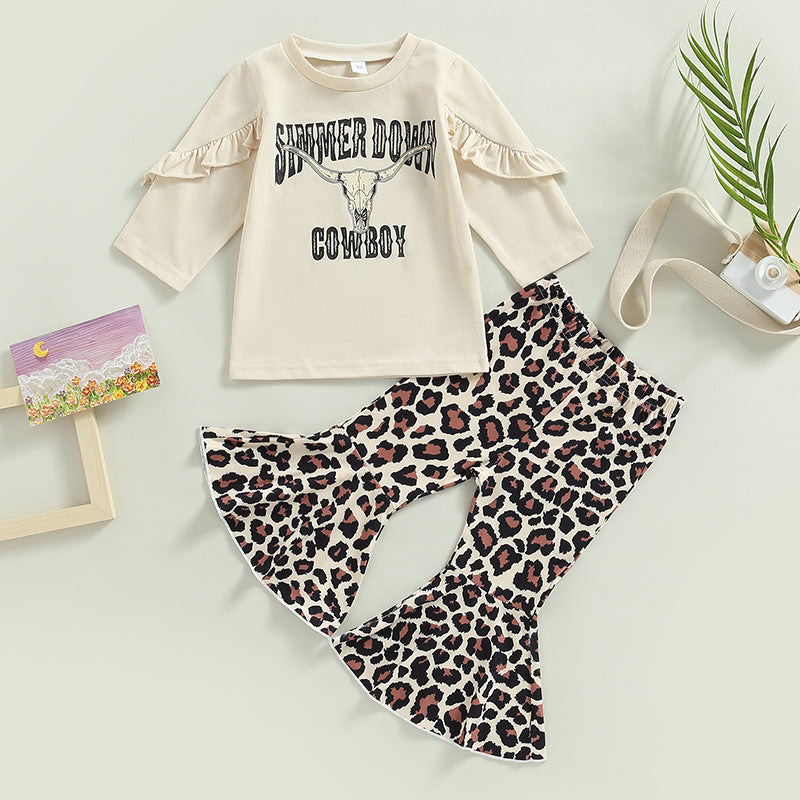 Wholesale Cotton Children's Flying Sleeve Top Leopard Print Bell Bottoms Two-piece Set