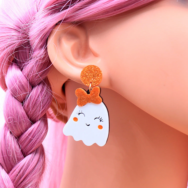 Wholesale Halloween Ghost Cute Orange Bow Ghost Ghost Handmade Acrylic Drop Earrings