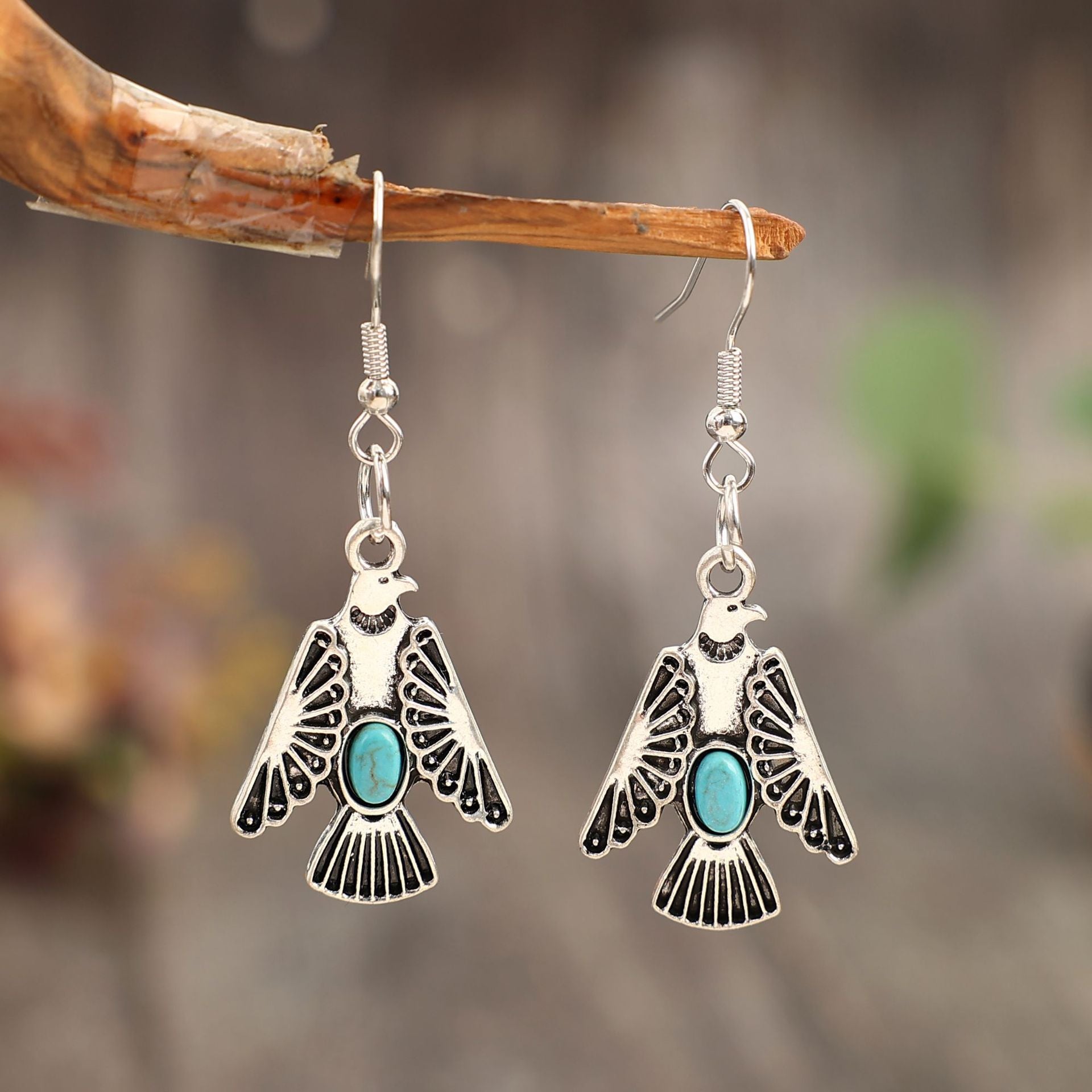 Wholesale Vintage Alloy Blue Turquoise Horn Earrings