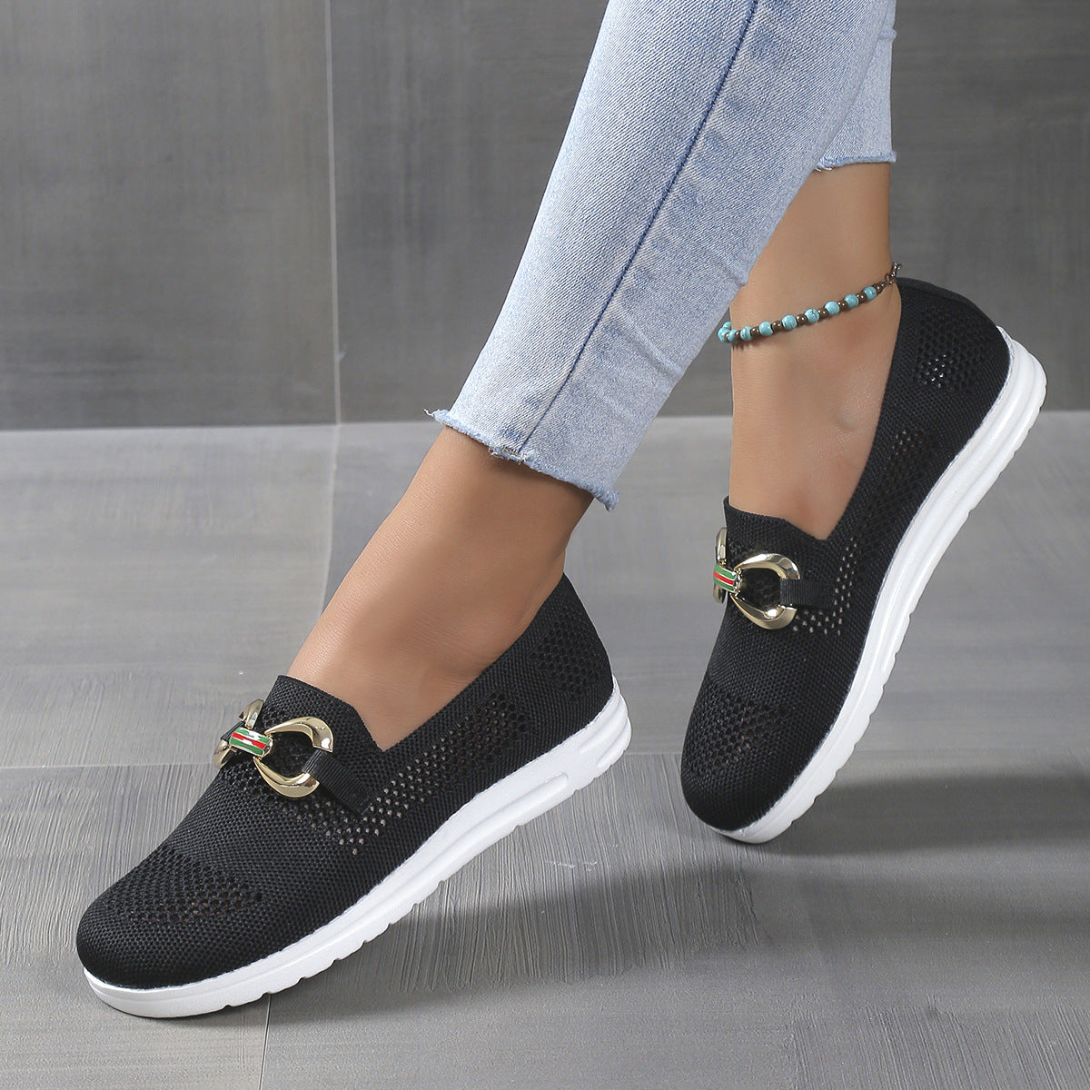 Wholesale Metal Chain Slope Heel Thick Sole One Step Breathable Lightweight Mesh Large Casual Single Shoes for Women