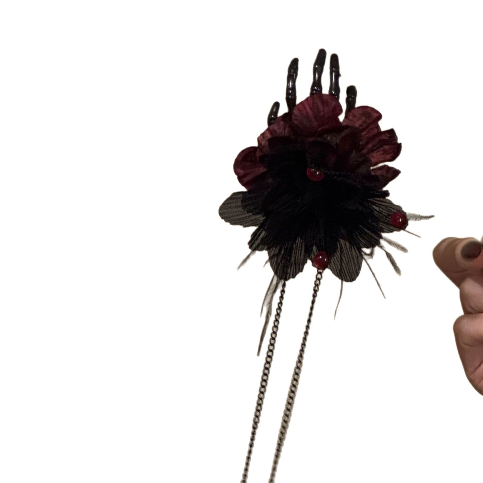 Wholesale Gothic  Blood Red Hair Clip With Ghost Claw Feather Tassel And Imitation Crystal For Women