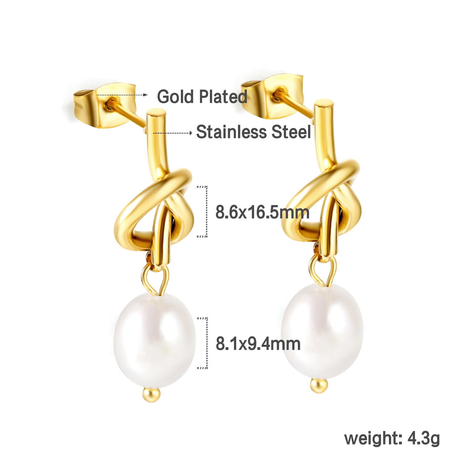 Wholesale 18k gold stainless steel earrings inlaid with pearls