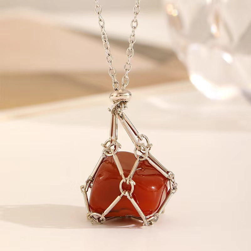 Wholesale  crystal stone net pocket woven metal net pocket necklace bamboo necklace pendant sweater chain adjustment chain