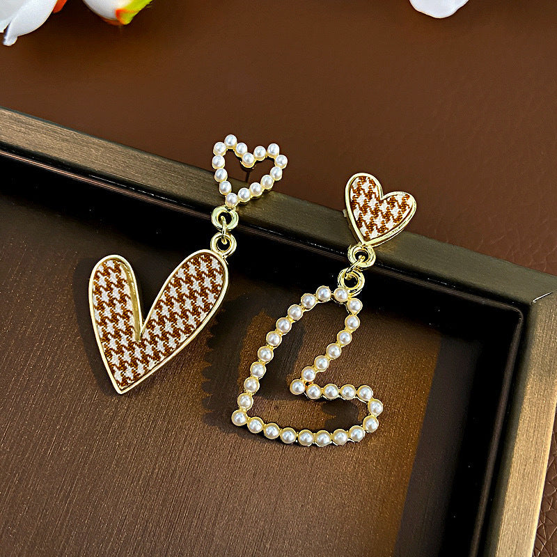 Wholesale Valentine's Day Houndstooth Fabric Pearl Love Earrings