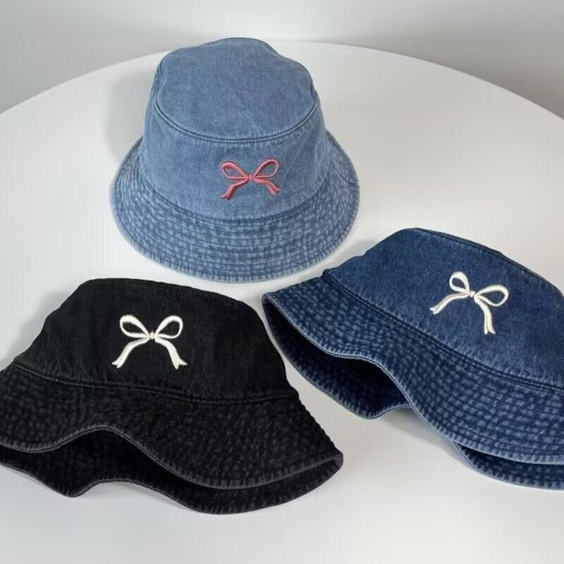 Wholesale Embroidered Bow Distressed Washed Denim Bucket Hat