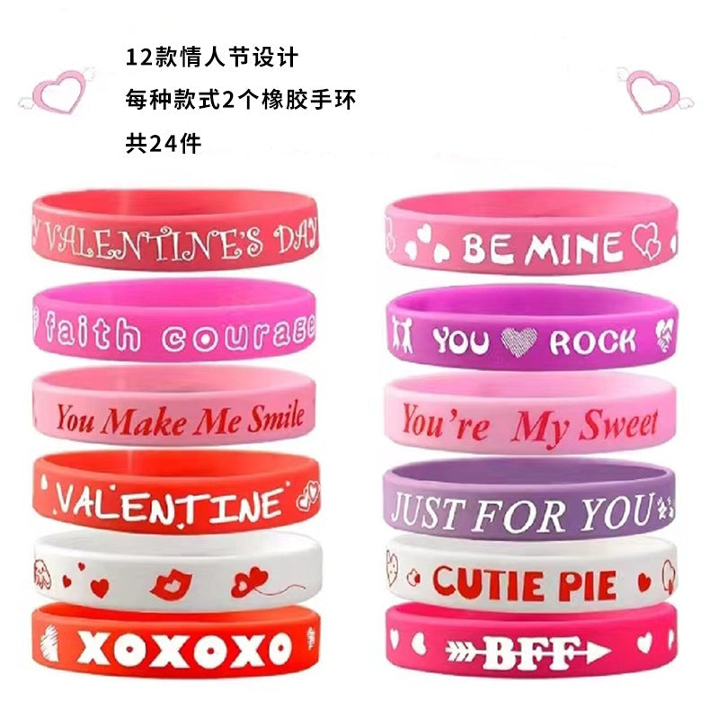 Wholesale 100pcs Happy Valentine' s Day Pink heart-shaped Rubber Bracelet
