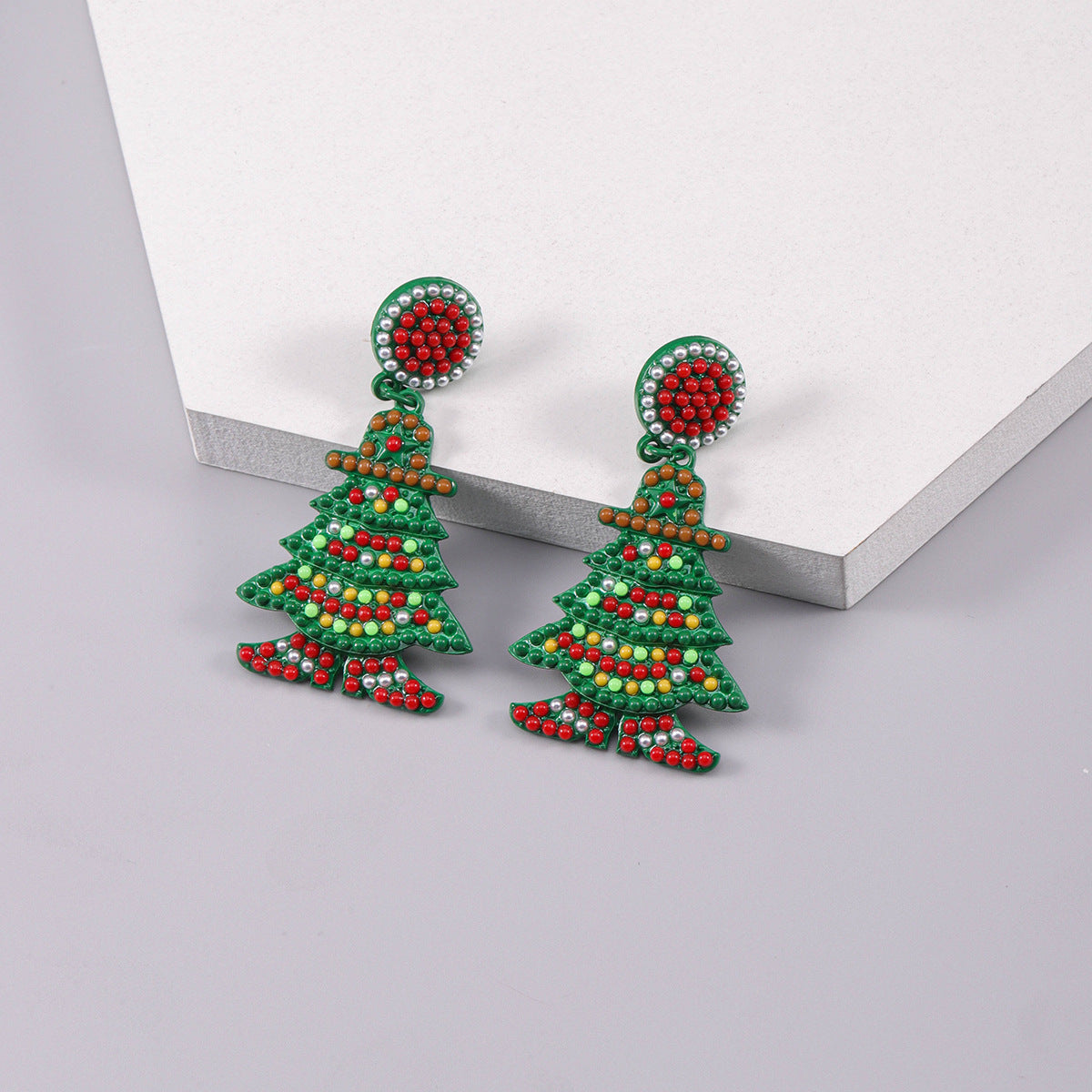 Wholesale Christmas Rice Beads Christmas Tree Festival Alloy Sprayed Earrings
