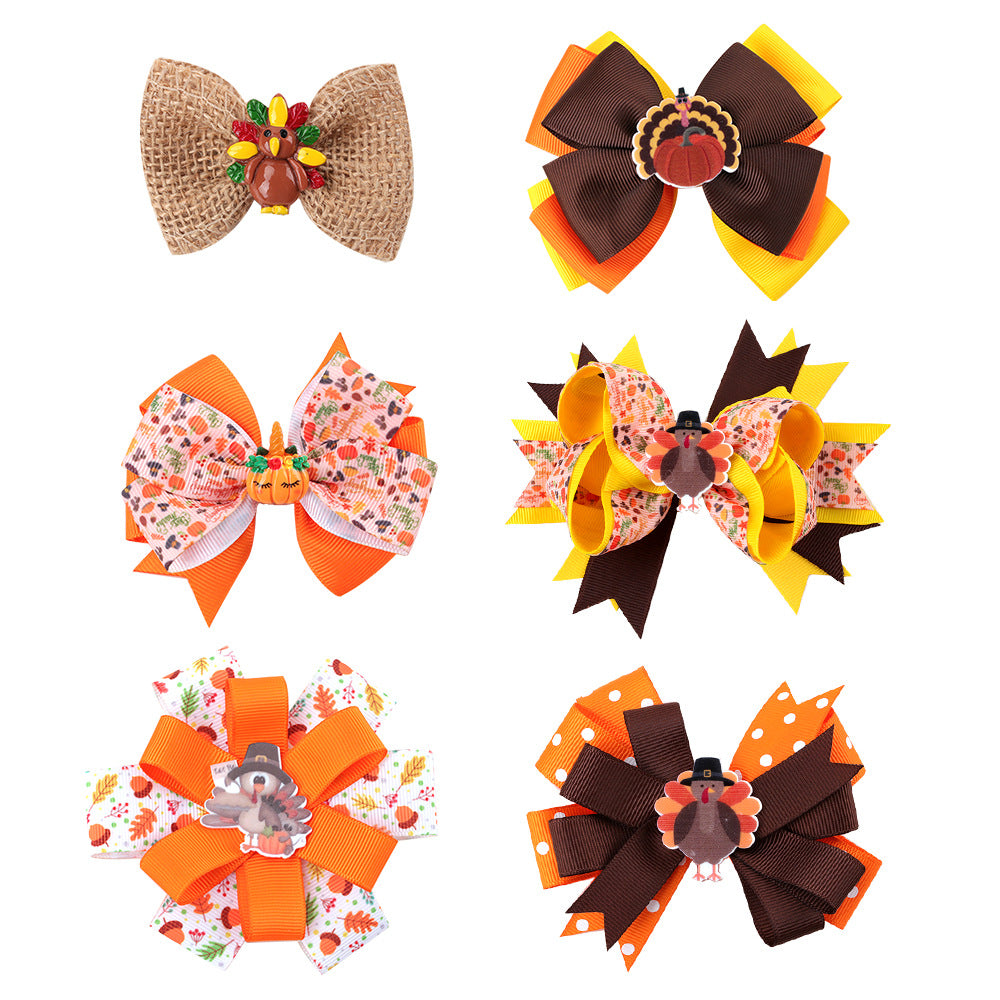 Wholesale 10pcs/pack Thanksgiving Children' s Bow Hairpin Point Small Turkey Accessories Headwear Rowan Ribbon