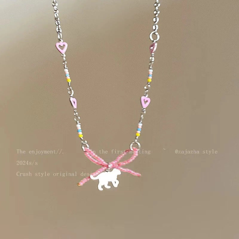 Wholesale Summer Dopamine Colorful Beaded Bow Clavicle Necklace