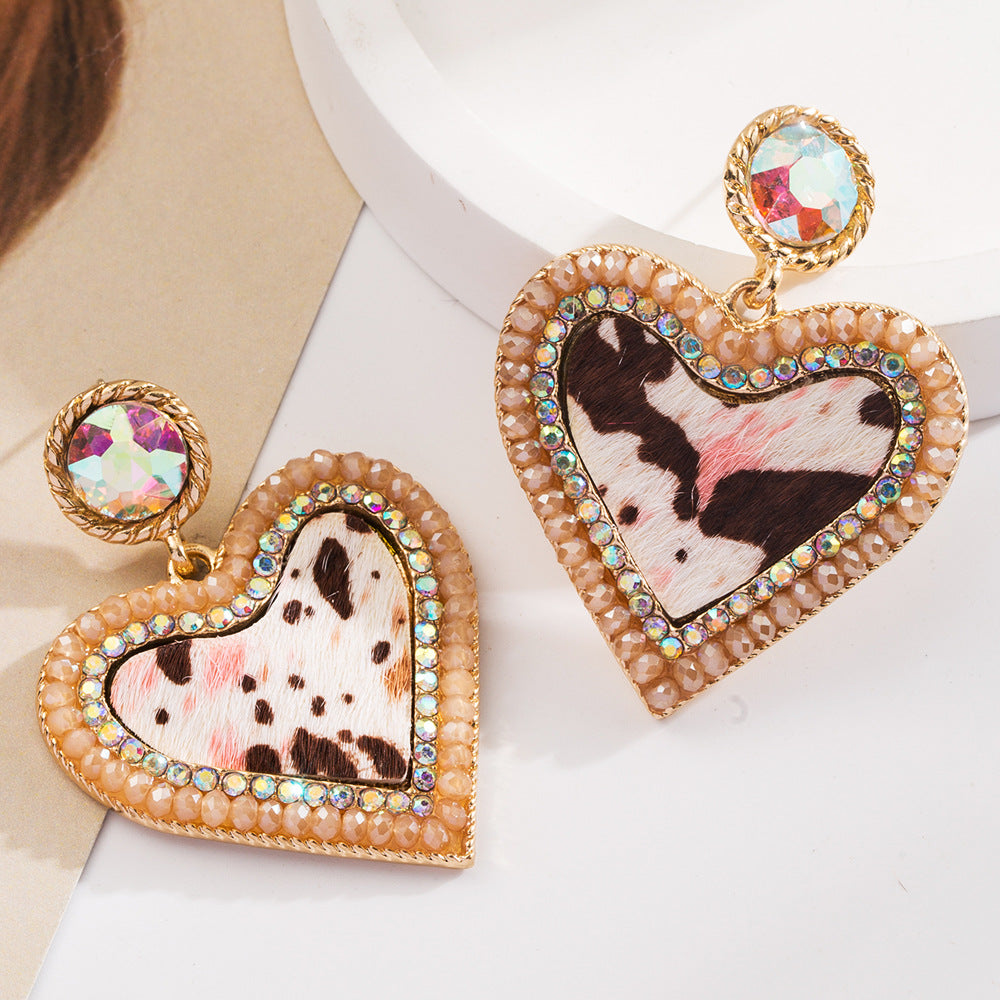 Wholesale Vintage Leopard Leather Diamond Heart Earrings