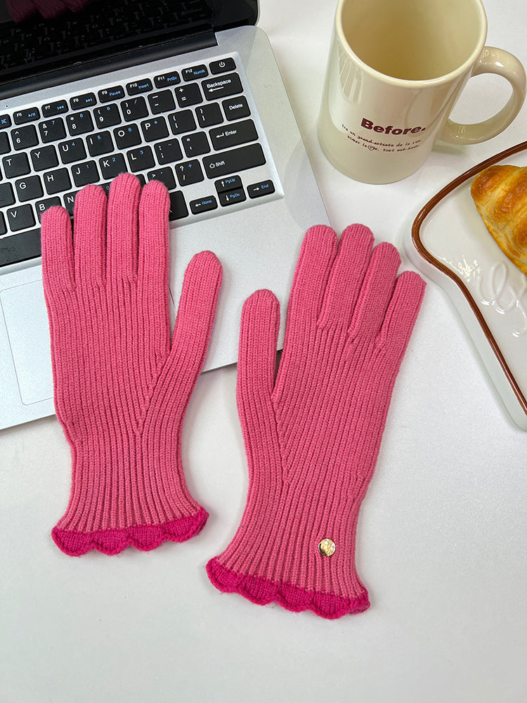 Wholesale Winter Warm Knitted Five-finger Touch Screen Lace Contrasting Color Woolen Gloves