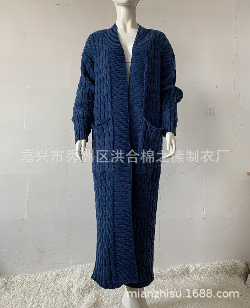 Wholesale Long Knitted Sweater Jacket Cardigan Pocket Long Sweater Thickened Jacket