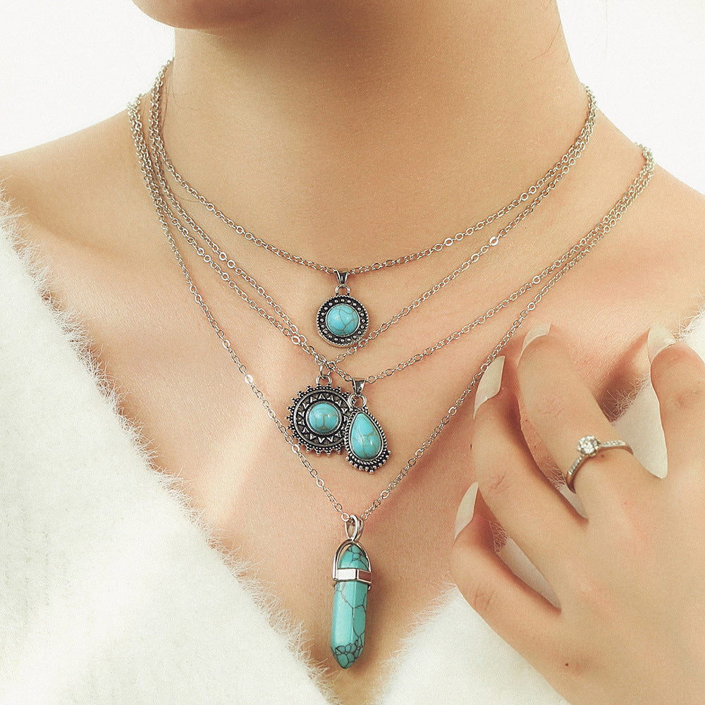 Wholesale  Retro Bohemian Turquoise 4 Layer Necklace Pendant Set
